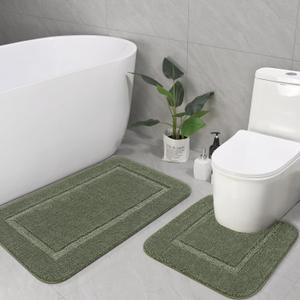 LOCHAS Bathroom Rug Set Sage Green, Soft Bath Rug Set 2 Piece Set, Toilet Mat U-Shaped 20x20 and 34x20 Bath Rugs, Quickly Dry Mats for Bathroom, Tub, Washable, Super Absorbent Floor Mat