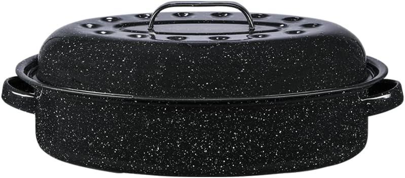 Granite Ware 15-Inch Covered Oval Roaster, 10 Lb Capacity - Enamel Steel Cookware, Dishwasher Safe & PFOA-Free, Even Heat Distribution for Roasting Poultry, Meat, or Vegetables (Speckled Black)