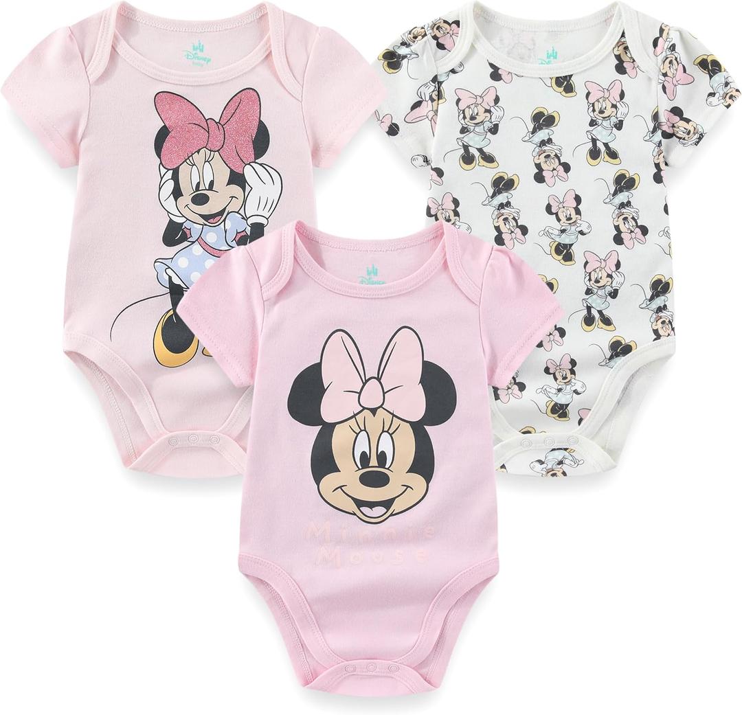 Disney Minnie Mouse Winnie the Pooh Lilo & Stitch Nightmare Before Christmas Girls 3 Pack Bodysuit for Newborn and Infants (3-6 Months, Pink)