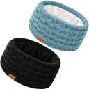 Winter Headbands for Women Ear Warmer Knitted Thick Fleece Lined Headbands for Cold Weather Gift (Black+Blue, One Size)