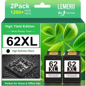 LEMERO Remanufactured for HP 62XL Ink Cartridges Black Replacement for HP 62 Black Ink Cartridge 62XL Ink Cartridge Combo Pack Work with Envy 7645 7640 7645 Envy 5660 5540 Officejet 250 200 Printer