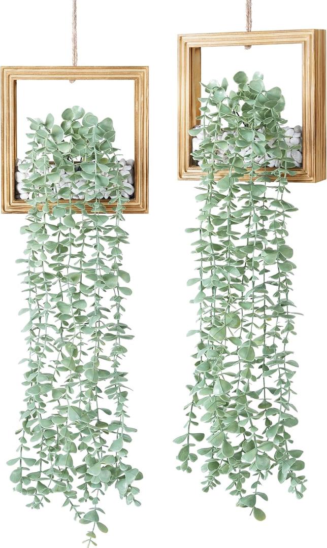 2 Pack Fake Plants Hanging, Artificial Eucalyptus Vines in Square Wooden Frame with LED Lights, Boho Wall Decor for Office Living Room Bathroom Bedroom Kitchen, 7.8 inch, Burnt Wood