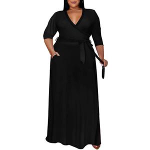 Runwind Plus Size Dress for Women - 3/4 Sleeve V Neck Maxi Dresses for Women Black 3XL