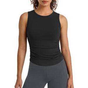 G4Free BareFeel Workout Yoga Tank Tops Ruched Sleeveless Athletic Tanks High Neck Pilates Top, (Black, Large)
