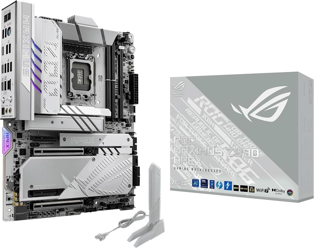 ASUS ROG MAXIMUS Z890 APEX Intel Z890 LGA 1851 ATX motherboard, Advanced AI PC-ready, 22+2+1+2 stages, DDR5, WiFi 7, 5G LAN, 3x PCIe 5.0 M.2, Thunderbolt 4, USB Type-C, AI OC, Cooling & Networking
