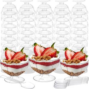 Hacaroa 50 Pack Plastic Dessert Cups Short Stem Cups with Spoons, 4 Oz Mini Parfait Appetizer Cup, Clear Disposable Ice Cream Bowls Mousse Cups for Party, Wedding, Picnic