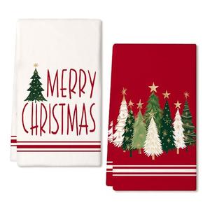 DineDia Merry Christmas Kitchen Towels Set of 2,Red Xmas Tree Dish Hand Towels Holiday Home Indoor Bathroom Party Seasonal Noel Decorations DD025