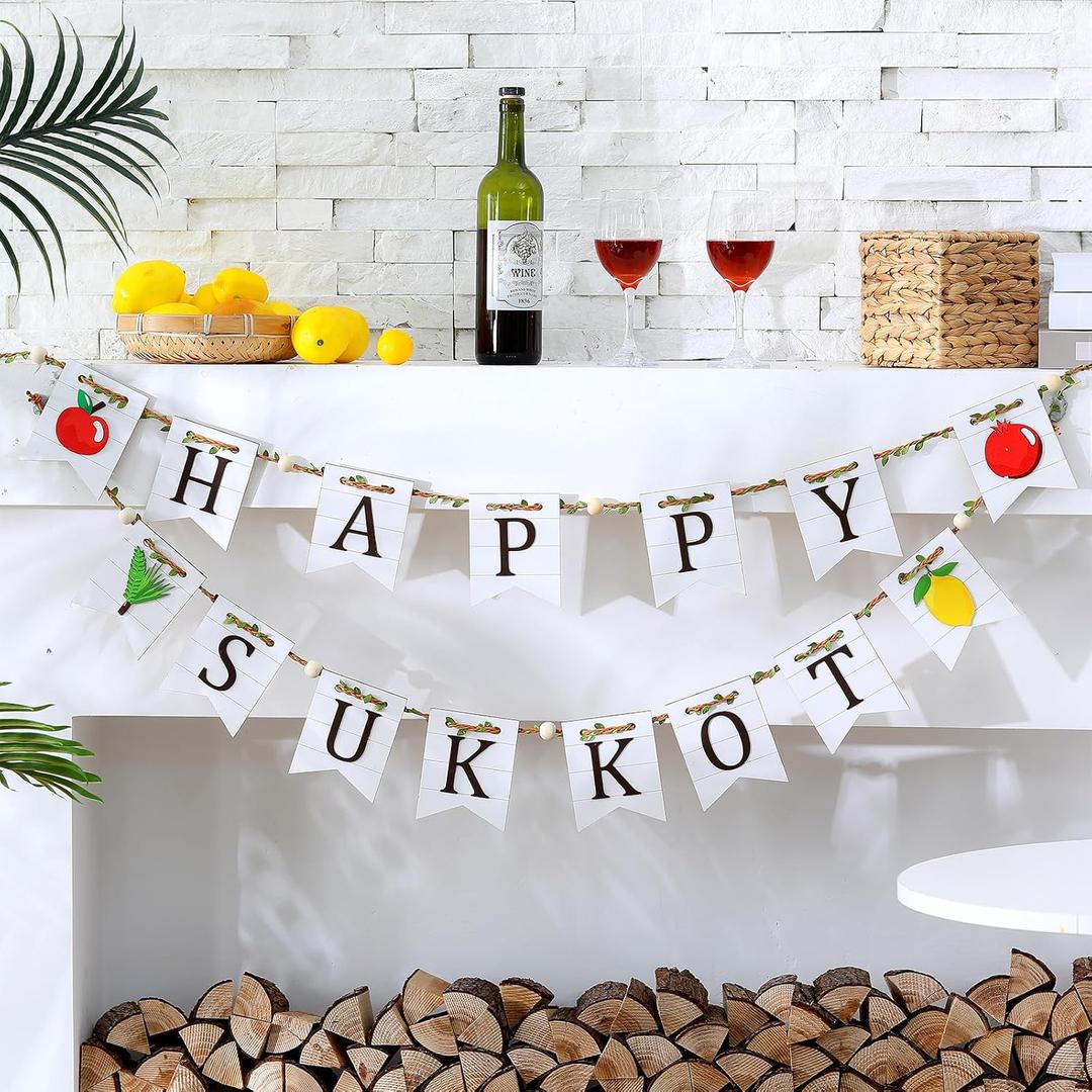 Marsui 2 Pcs Happy Sukkot Wooden Beads Garland Rustic Farmhouse Banner Flag for Sukkot Decorations Beaded for Shelf Display Fireplace Wall Jute Jewish Holiday Party Supplies