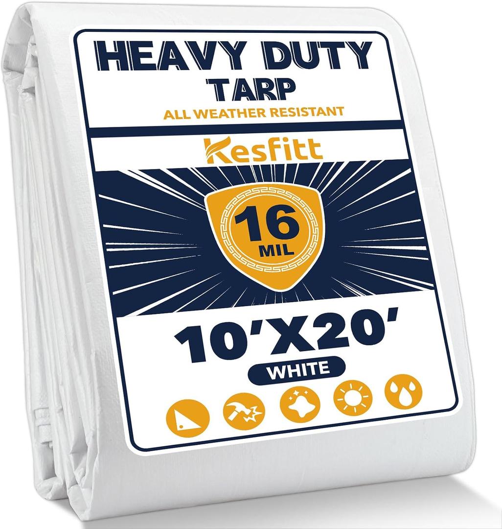 Kesfitt 16 Mil Heavy Duty Waterproof White Tarp, 10x20 ft, 100% Virgin Polyethylene, Reinforced Grommets, UV Resistant Outdoor Tarp for Storm Protection, Equipment Cover & Backyard Use