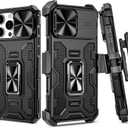 VEGO for iPhone 16 Pro Max Case, with Belt Clip Holster & Slide Camera Lens Protector & 360Rotatable Ring Kickstand Military Grade Heavy Duty Protection Cover for 16 ProMax 5G 6.9 Inch - Black