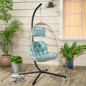 Yangming Hanging Egg Swing Chair with Stand and Weather Cover, Foldable for Indoor Outdoor, Wicker Rattan Basket with Cushion for Bedroom, Patio, Porch