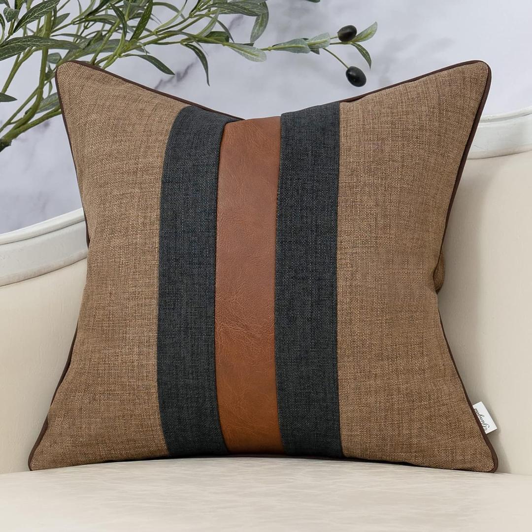 Yangest Patchwork Pillow Cover 20x20 Inch Luxury Cotton and Linen Cushion Cover Faux Leather Pillowcover for Couch Bedroom Living Room, Brown