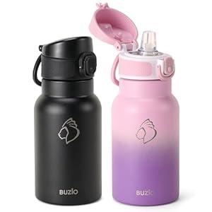 2PCS BUZIO 12oz Kids Insulated Water Bottle with Straw Lid, BPA-Free Stainless Steel Water Bottles with Handle Double Wall Vacuum Leak Proof Thermo Cup for School Boys Kids- Black+Blue