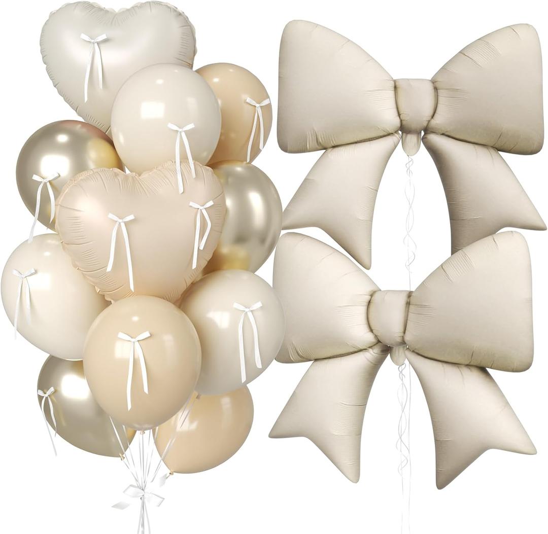 Cream and Apricot Heart Balloons, 38 Inch Bow Balloons, 16PC Champagne Gold Beige Sand White Balloon Helium with Bow Ribbons for Neutral Birthday Wedding Bridal Baby Shower Valentines Day Decorations