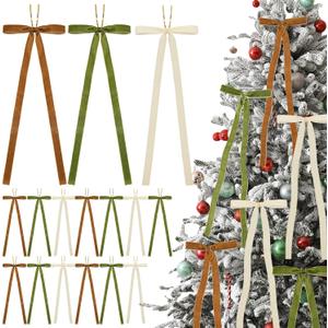 36 Pcs Large Velvet Bows for Christmas Tree 6 X16'', 3/4'' Wide Brown Green Cream Velvet Christmas Bow Ribbon Neutral Xmas Tree Ornament for Holiday Home Decor Wreath Door Garland Rustic Crafts