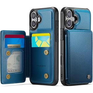 Vinich for iPhone 16 Wallet Case with Card Holder, RFID Blocking Credit Slots Kickstand Shockproof Phone Cover Fit for iPhone 16 6.1" Blue