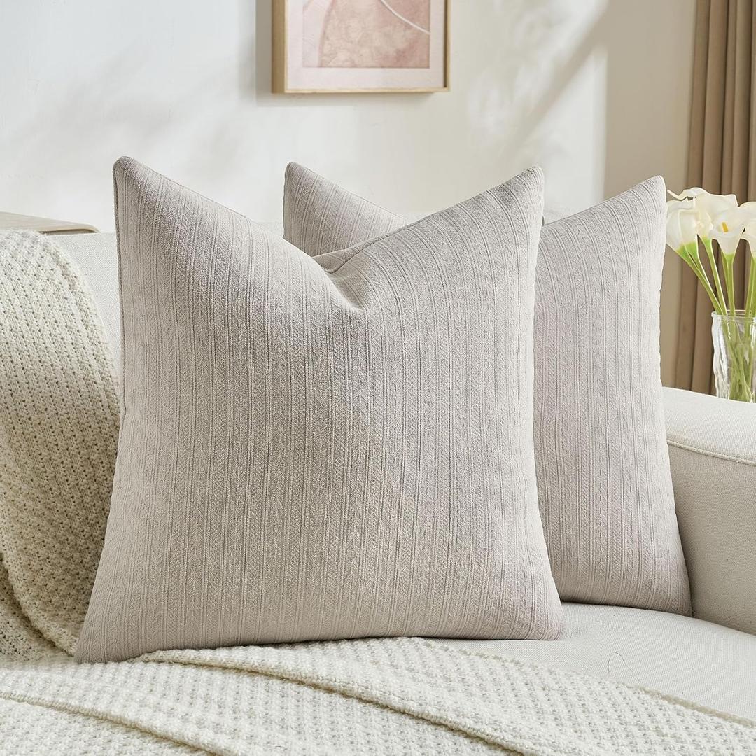 FUTEI Pack of 2 Solid Chenille Throw Pillow Covers 20x20 Inch Soft Cozy Wheat Ear Striped Textured Decorative Cushion Cases Modern Farmhouse Accent for Couch Bed Living Room, Oatmeal