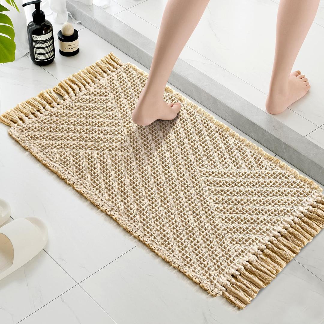 H.VERSAILTEX Waffle Bath Mat Super Absorbent Boho Bath Mat Non Slip Bath Rugs for Bathroom Floor Machine Washable Dry Fast Bathroom Rugs with Tassels, 17" x 24", Sand