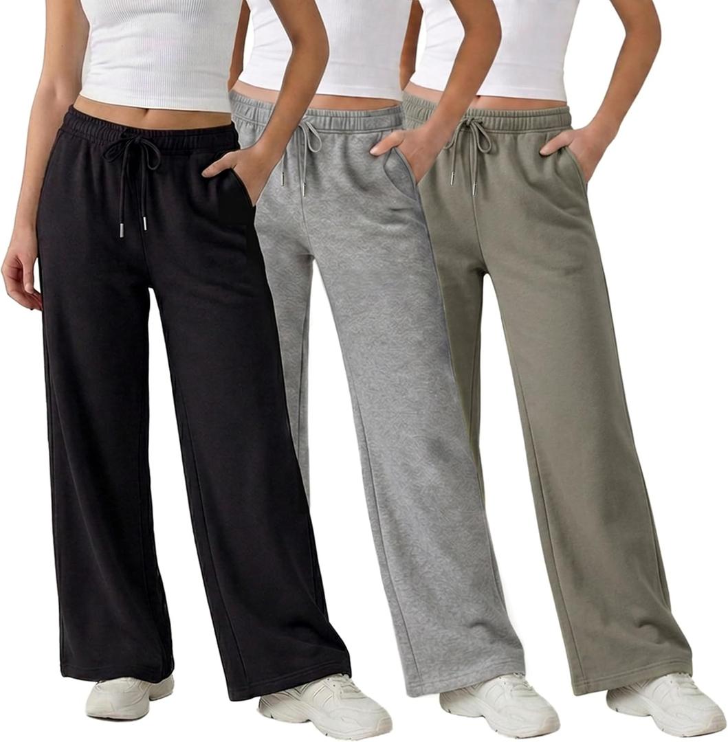 Common Stitch 3 Pack Wide Leg Fleece Lounge Sweatpants for Women Deep Pockets, Relaxed Fit, Elastic Drawstring Waist, XXL
