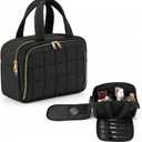 Huhumy Travel Toiletry Bag, Puffy Checkered Makeup Bag for Women, Large Quilted Wide-open Lightweight Cosmetic Organizer with Handle for Accessories, Essentials, Toiletries (Black)
