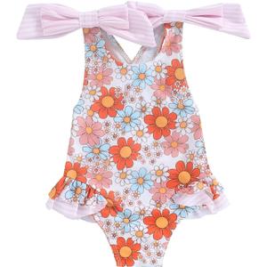 Yccutest Toddler Girls Strap One Piece Swimsuit Floral Sleeveless Backless Bathing Suit Ruffles Bowknot Swimwear Summer Beach (White, S)
