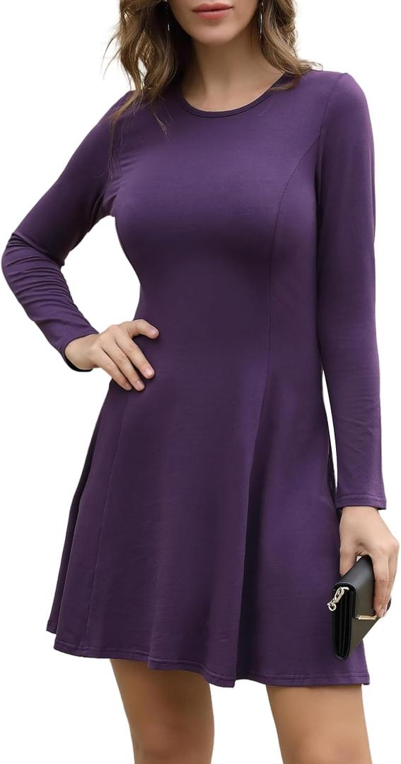 Aphratti Women's Long Sleeve Spring Dresses Casual Basic Crew Neck A-Line Fit and Flare Skater Dress (Medium, Purple)