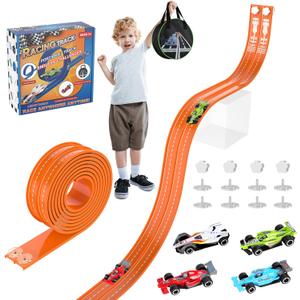 20Ft Flexible Race Track, Slot Car Race Track Set for Kids Ages 3+,Dual Racing Game 2 High-Speed Cars 1/64 Scale, w/8 Suction Cups,4 Alloy Cars Ideal Christmas Birthday Gift for Boys & Girls (Orange)