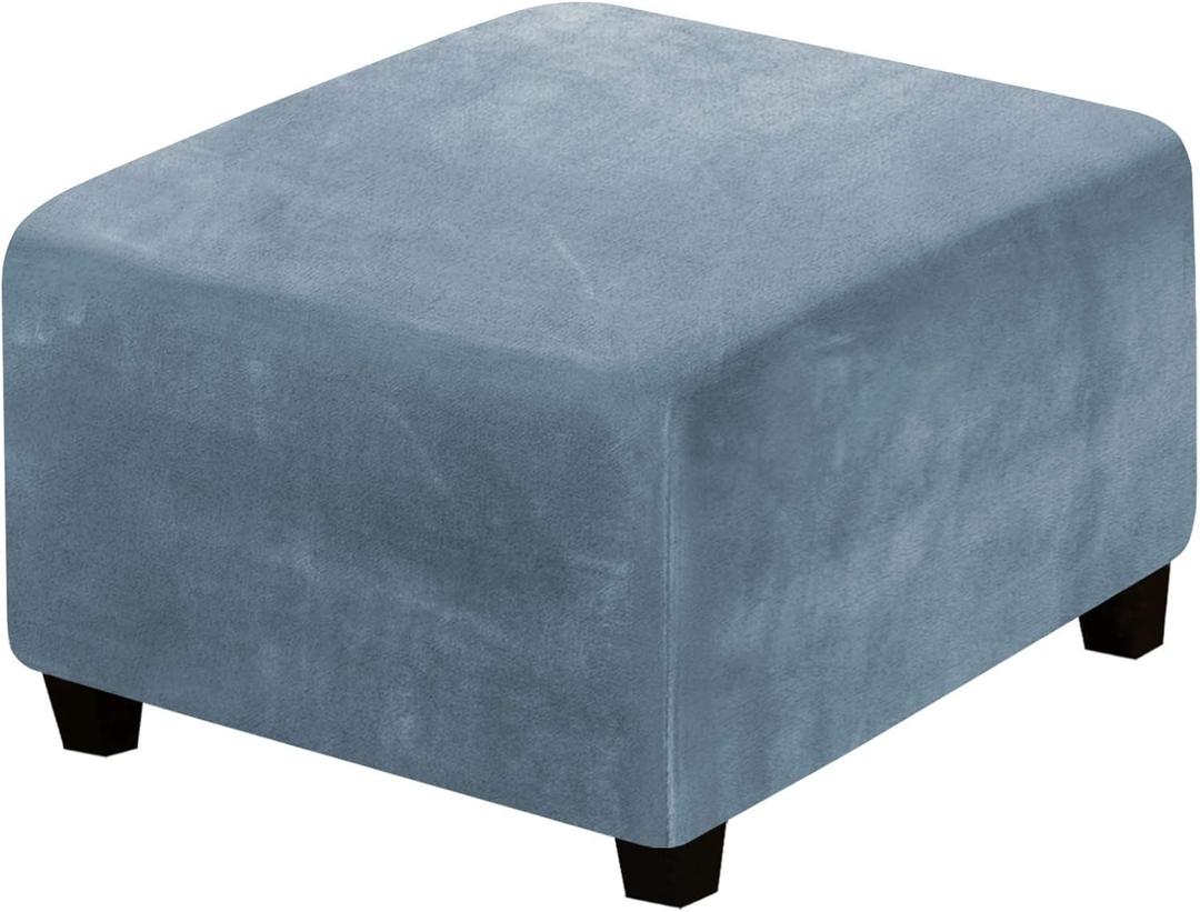 H.VERSAILTEX Square Ottoman Covers Ottoman Slipcover Square Footstool Protector Covers Storage Stool Ottoman Covers Stretch with Elastic Bottom, Feature Real Velvet Plush Fabric, Stone Blue (Medium)