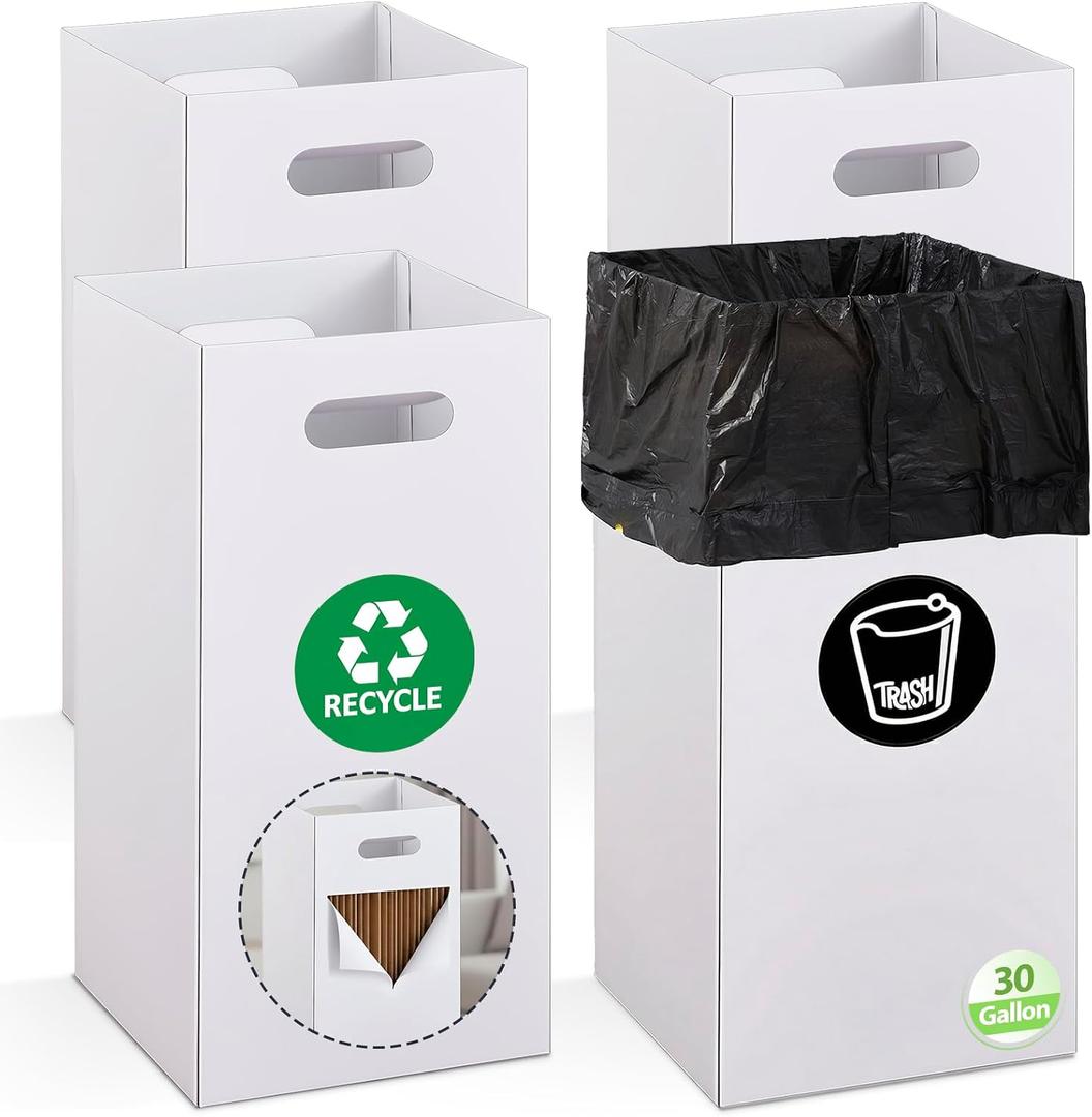 4 Pack Disposable Trash Cans for Parties, 30 Gallon Extra Large Thick Recycled Corrugated Cardboard Trash Bin, Collapsible Garbage Cans with 8 Bags for Wedding, Birthday, Backyard Party Event