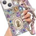 for iPhone 13/14 Glitter Bling Case, Cute Luxury 3D Crystal Queen Rhinestone Full Diamond with Silk Scarf Wristband Chain Women Girls Case Cover for iPhone 13/14 6.1 inch