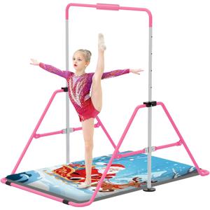 Gymnastics Bar with Self-Inflating Mat for Kids, Adjustable Height Gymnastic Horizontal Bars with Mat, Folding Gymnastic Training Monkey Bars, Junior Expandable Training Kip Bar for Home (Pink with Santa Claus Mat)