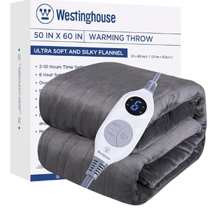 Westinghouse Heated Blanket Throw, Electric Throw with 6 Heating Levels, 210 Hours Time Settings, Overheat Protection, Machine Washable, Flannel (Throw, 50x60 Inches, Charcoal)