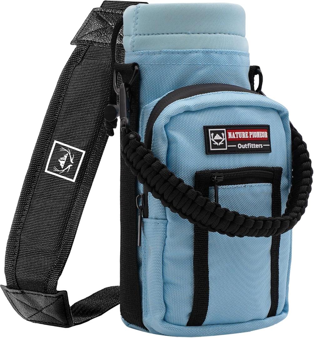 NATURE PIONEOR Water Bottle Holder with Adjustable Strap - 25/32/40oz Insulated Water Bottle Carrier Sling Sleeve with Paracord Handle & 2 Storage Pockets, Hiking, Camping, Gym (Blue)