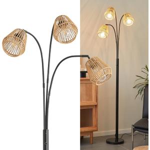Rattan Floor Lamp for Living Room, 72 Inch Tall Boho Floor Lamp with Rotary Switch, 3 Light Arc lamp with Wicker Shade for Coastal,Bohemian,Rustic,Beach Tree,Farmhouse Standing Lamp (Black)