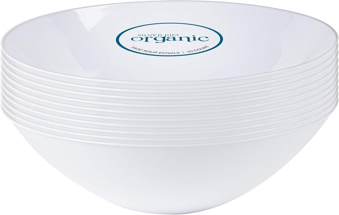 [16 OZ 40 Count] White Plastic Organic Party Soup bowls With Silver Rim Premium heavyweight Elegant Disposable Tableware Dishes