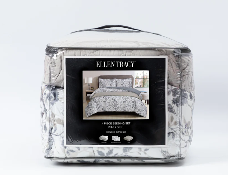 ELLEN TRACY 4 Piece Bedding Set King size. 1 Comforter 104×90 inch, 2 Comforter Shams 20×36 inch, 1 Quilt 104×90 inch