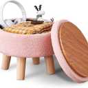Wimarsbon Storage Ottoman, Modern Round Footrest with Soft Padded Seat, Teddy Velvet Footstool with Wood Legs, Accent Small Table or Plant Stand for Hallway, Living Room (Pink)