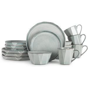 Table 12 Stonewashed 16-Piece Dinnerware Set, Service for 4, TD16Y50S | Stoneware Dinnerware with Reactive Glaze, Mugs, Plates and Bowls Set, Dishwasher and Microwave Safe