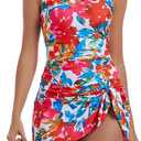 One Piece Swim Dress Swimsuits for Women Tummy Control Swimdress Skirt V Neck Bathing Suit (Small, Hot Pink, Blue Floral Print)