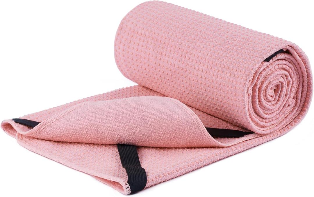 New Microfiber Hot Yoga Towel Mat, 24 x 72 inches, with Non-Slip Silicone Grip, Secure Fit Elastic Straps (Pink)