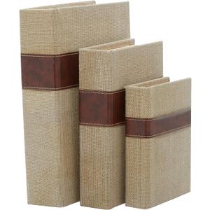 Deco 79 Linen Fabric Decorative Box Faux Storage Book Book Shaped Boxes with Faux Leather Detailing, Set of 3 Decorative Keepsake Boxes 15", 12", 9"H, Brown
