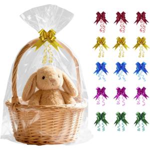 Volokitx 13-Pack 30x40 Inch Clear Cellophane Bags with 15 Colorful Pull Bows, Large Cellophane Wrap for Gift Baskets, Baby Showers, Raffles, and Charity Auctions