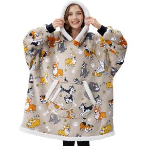 Giggling Getup Wearable Blanket Hoodie for Adults Gifts for Teen Girls Sister Women Sherpa Fleece Printed Hooded Blanket Sweatshirt Warm Cozy with Pocket & Sleeves Grey Dog