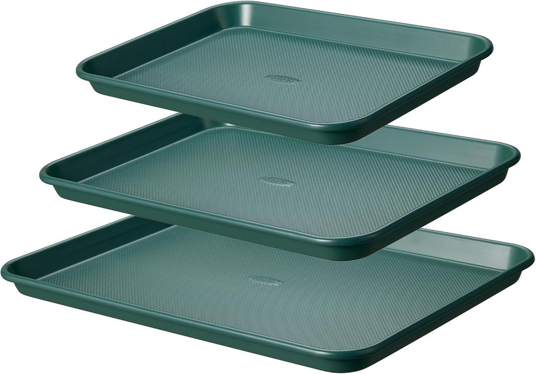 CAROTE 3-Piece Baking Pan Set - Bakeware Set, Baking Sheet Set Including 13 Inch 15 Inch 17 Inch Sheet Pan, Cookie Sheet for Baking, Deep Olive Green
