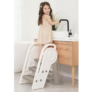 Harwaya Foldable Toddler Step Stool for Bathroom Sink, Adjustable Kids 3 or 2 Step Stool for Toddlers Bathroom Toilet Potty, Plastic Baby Girl Child Stepping Stool with Handle Rail for Kitchen Counter (White & Grey)