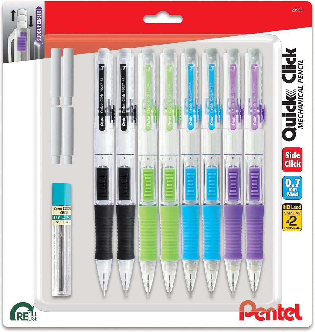 Pentel Quick Click Mechanical Pencil, (0.7mm), Includes Refill Lead and Erasers, Pack of 8 Pencils (PD217LEBP8)
