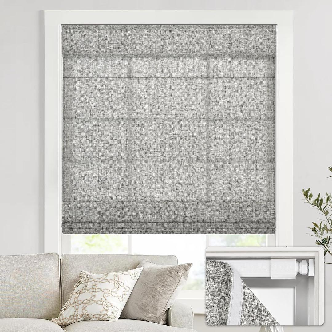 UNISHADES No Drill Cordless Roman Shades, 29x64 in, Light Filtering Grey 
