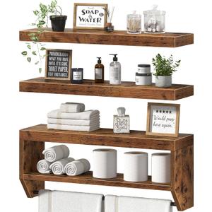 QEEIG Bathroom Floating Shelves for Wall - Shelf Over Toilet Paper Storage Farmhouse 24 inch Set of 3, Rustic Brown (028-60BN3)