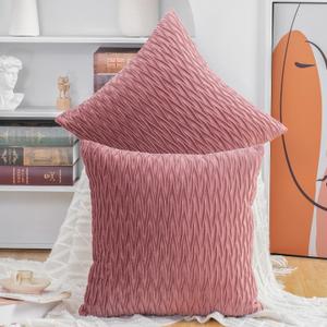 MADIZZ Set of 2 Super Soft Velvet Decorative Throw Pillow Covers 14x14 inch Pink Square with Texture Luxury Style Cushion Case Pillow Shell for Sofa Bedroom