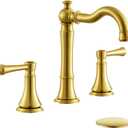 Brushed Gold Faucet Bathroom 8 inch Widespread for 3 Holes with Plastic Pop-Up Drain, Classical 2-Handle Gold Bathroom Vanity Sink Faucets, High Arc 360° Brass Swivel Spout